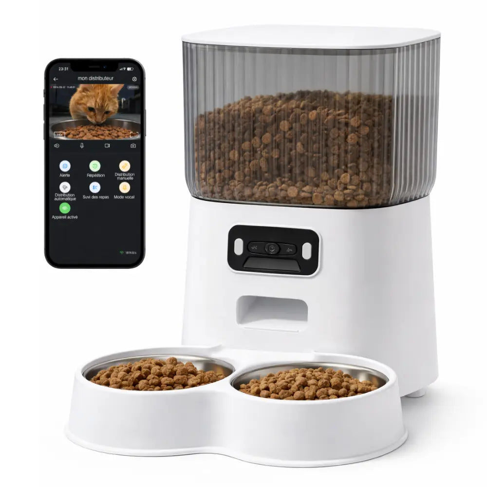 Distributeur de Croquettes pour Chat | Automatique et Connecté avec Caméra — Réservoir 5L, Programmable, Acier Inoxydable