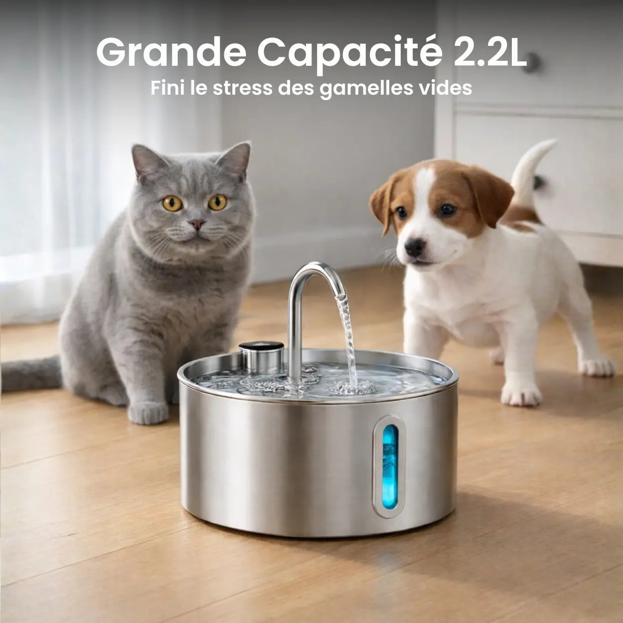 Fontaine à Eau pour Chat et Chien — Acier Inoxydable 304, Grande Capacité 2.2L, Silencieuse, Indicateur LED