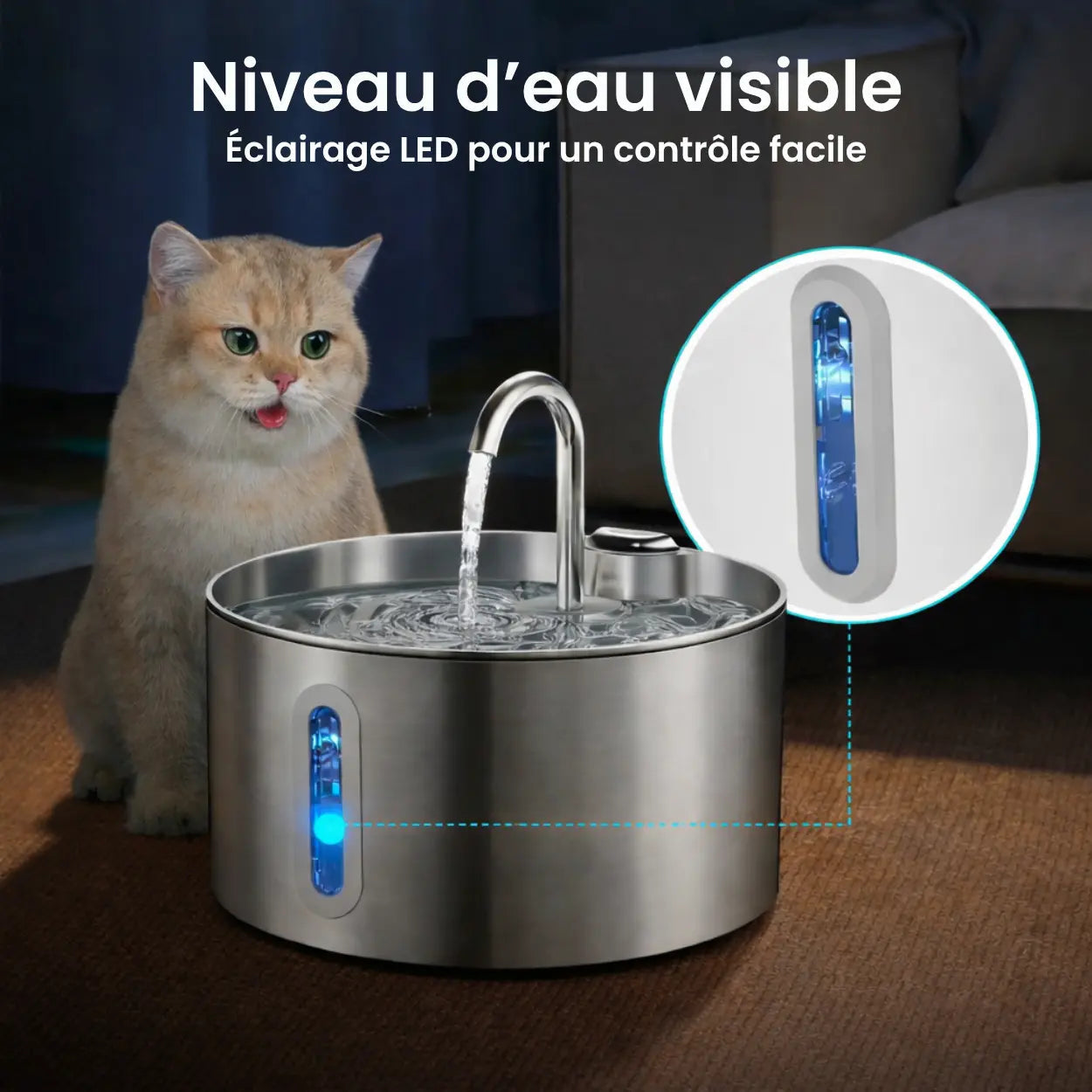 Fontaine à Eau pour Chat et Chien — Acier Inoxydable 304, Grande Capacité 2.2L, Silencieuse, Indicateur LED
