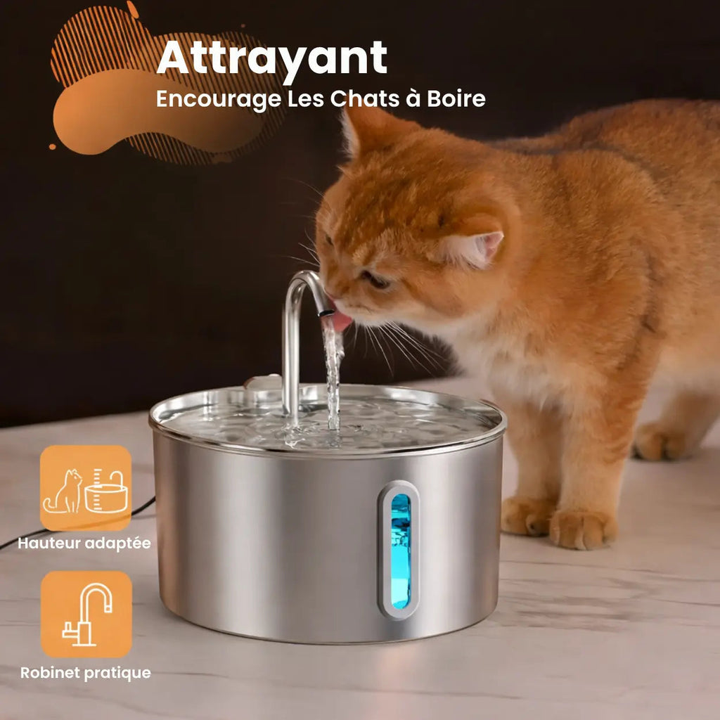 Fontaine à Eau pour Chat et Chien — Acier Inoxydable 304, Grande Capacité 2.2L, Silencieuse, Indicateur LED