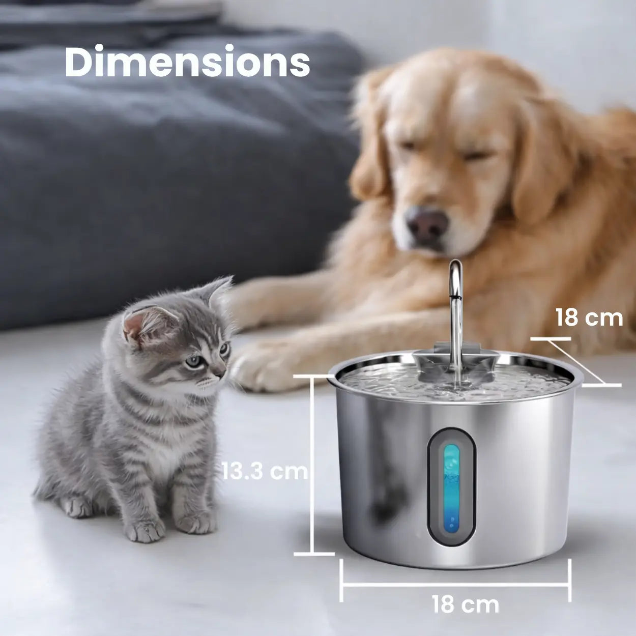 Fontaine à Eau pour Chat et Chien — Acier Inoxydable 304, Grande Capacité 2.2L, Silencieuse, Indicateur LED