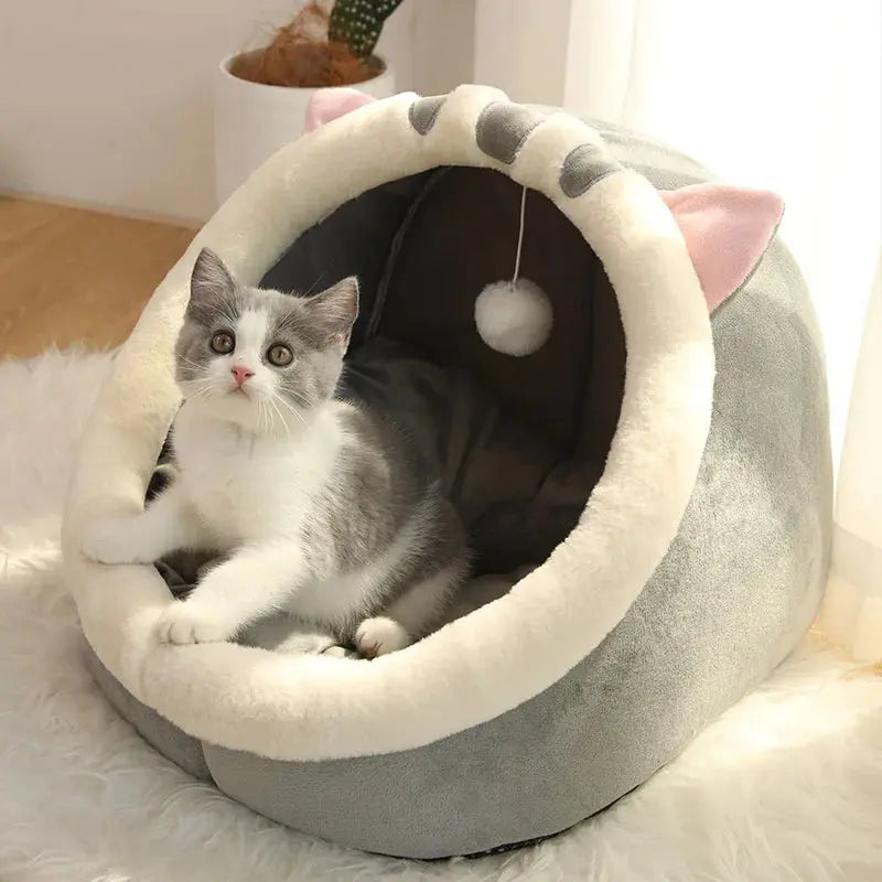 Panier pour chat semi-fermé avec oreilles décoratives – coussin amovible