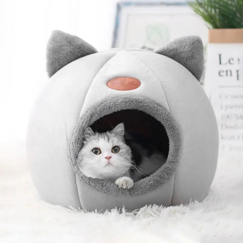 Panier pour chat en forme de grotte – lit chaud et amovible avec fond antidérapant
