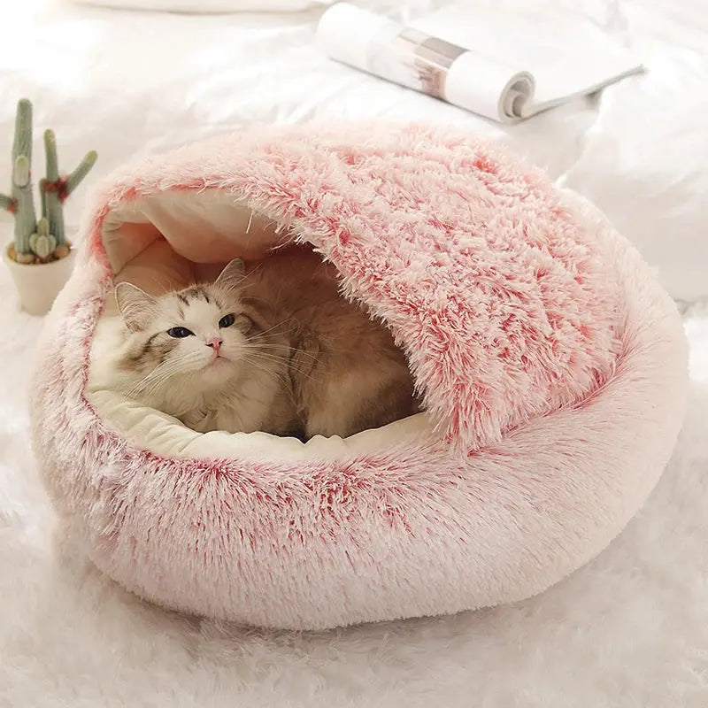 Lit rond pour chat en peluche – panier chaud avec couverture, format nid