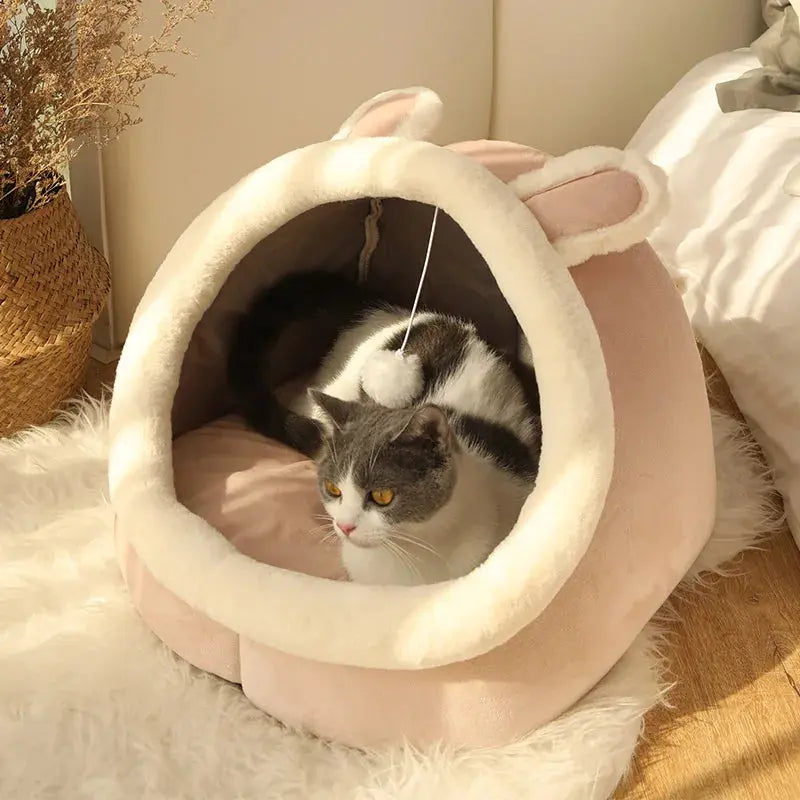 Panier pour chat semi-fermé avec oreilles décoratives – coussin amovible