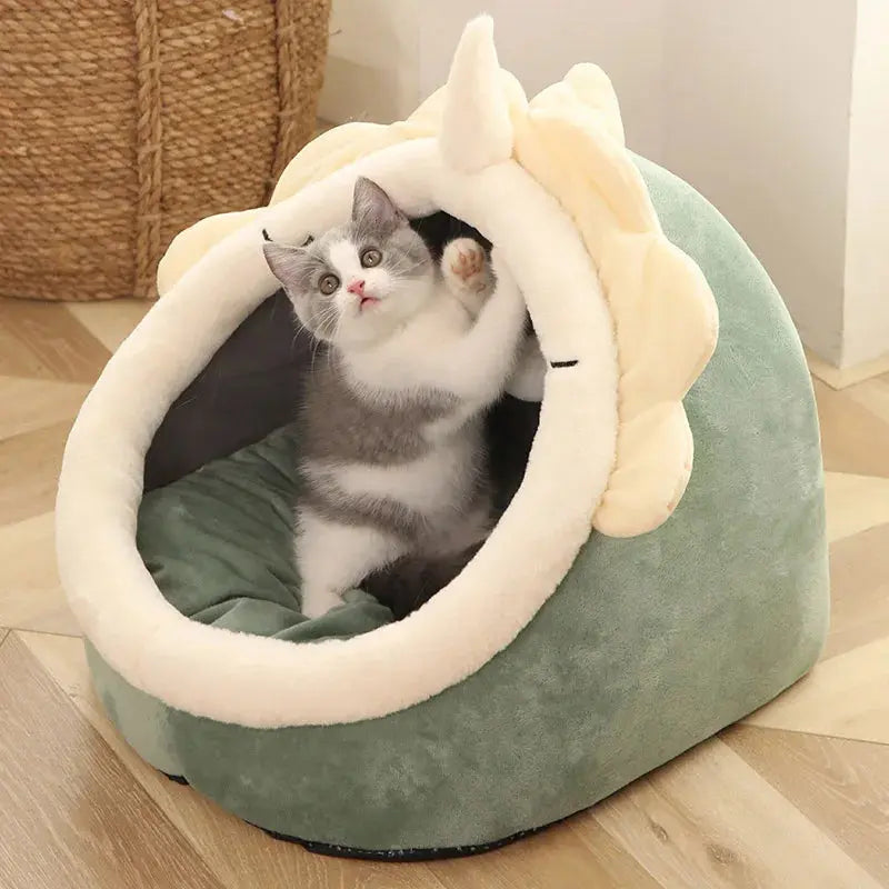 Panier pour chat semi-fermé avec oreilles décoratives – coussin amovible
