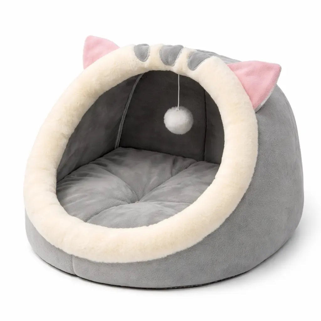 Panier pour chat semi-fermé avec oreilles décoratives – coussin amovible