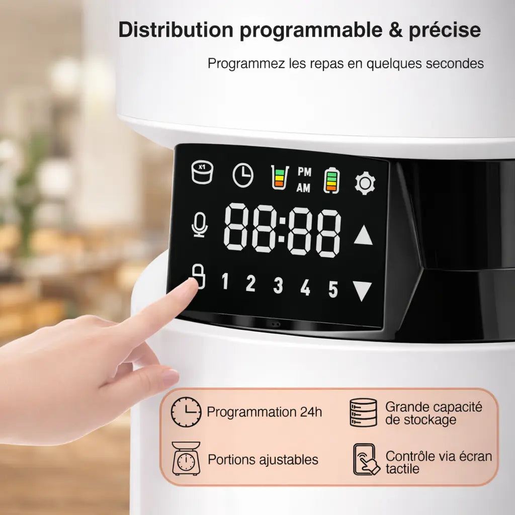 Distributeur de croquettes pour chat | automatique avec écran tactile, gamelle inox et réservoir 4L