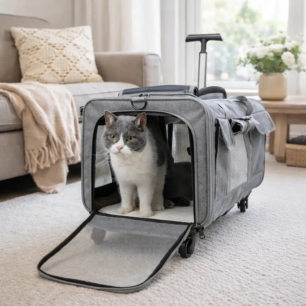 Sac de transport pour chat à roulettes – style valise convertible, confortable et pratique