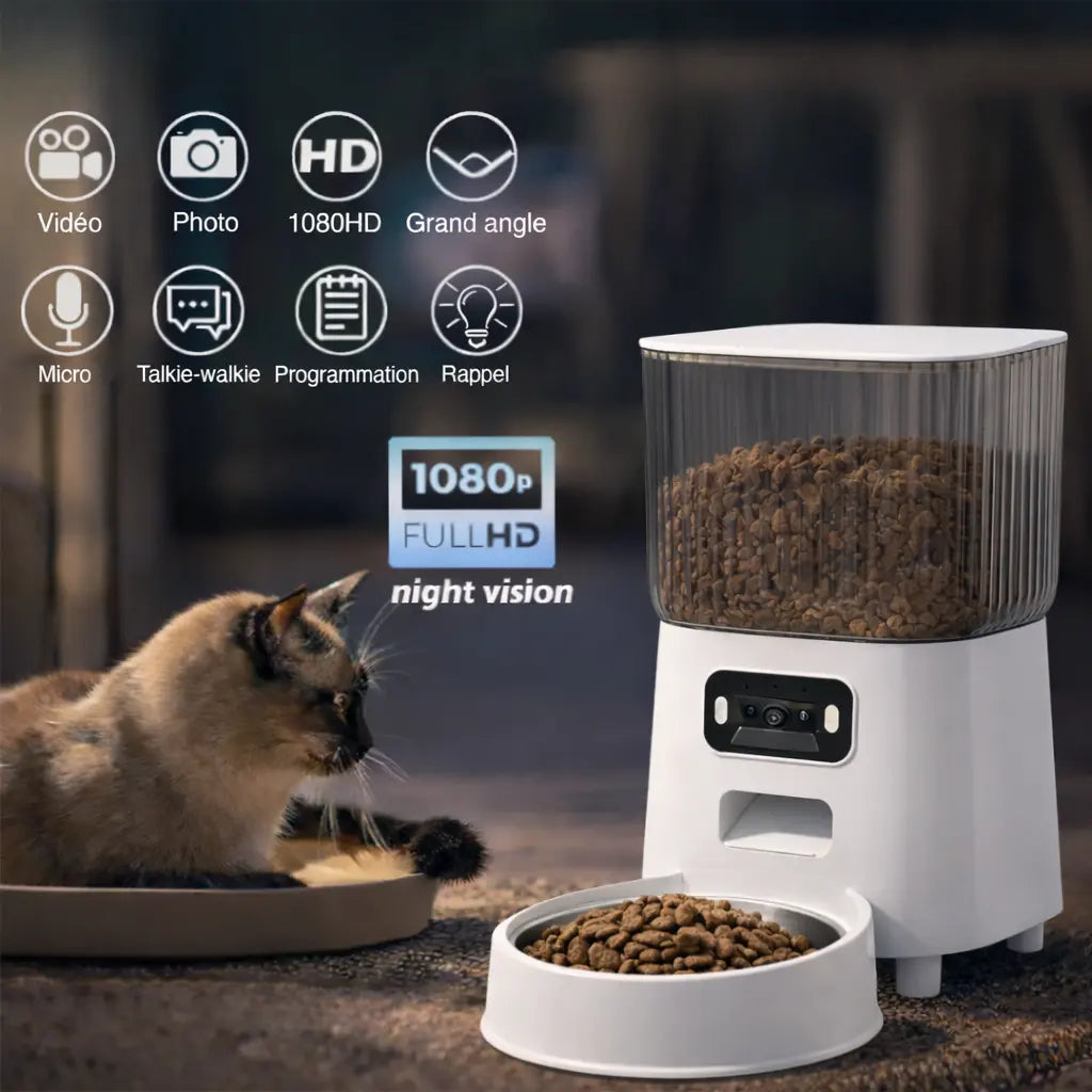Distributeur de Croquettes pour Chat | Automatique et Connecté avec Caméra — Réservoir 5L, Programmable, Acier Inoxydable