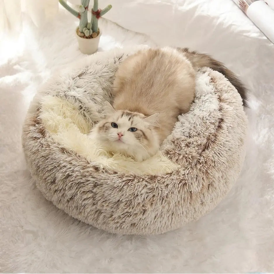 Lit rond pour chat en peluche – panier chaud avec couverture, format nid