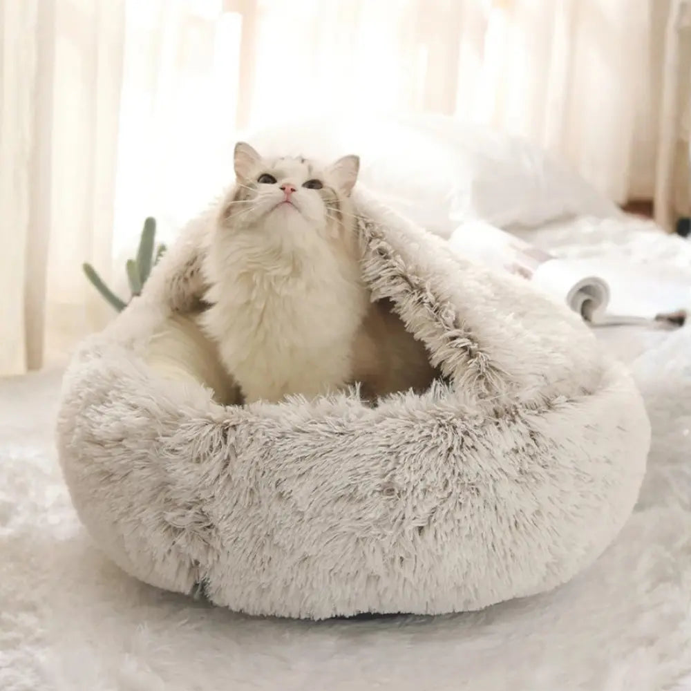 Lit rond pour chat en peluche – panier chaud avec couverture, format nid