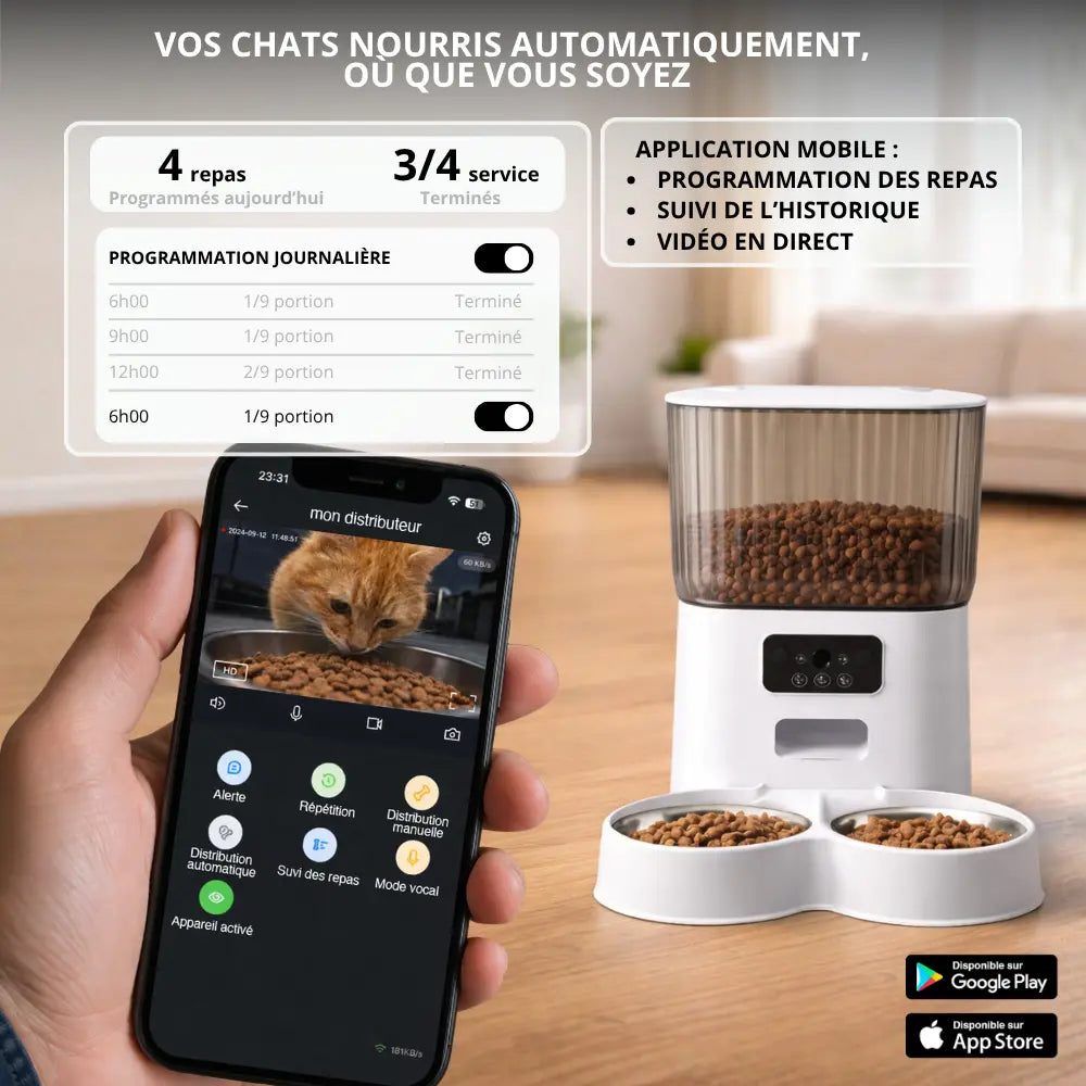 Distributeur de Croquettes pour Chat | Automatique et Connecté avec Caméra — Réservoir 5L, Programmable, Acier Inoxydable