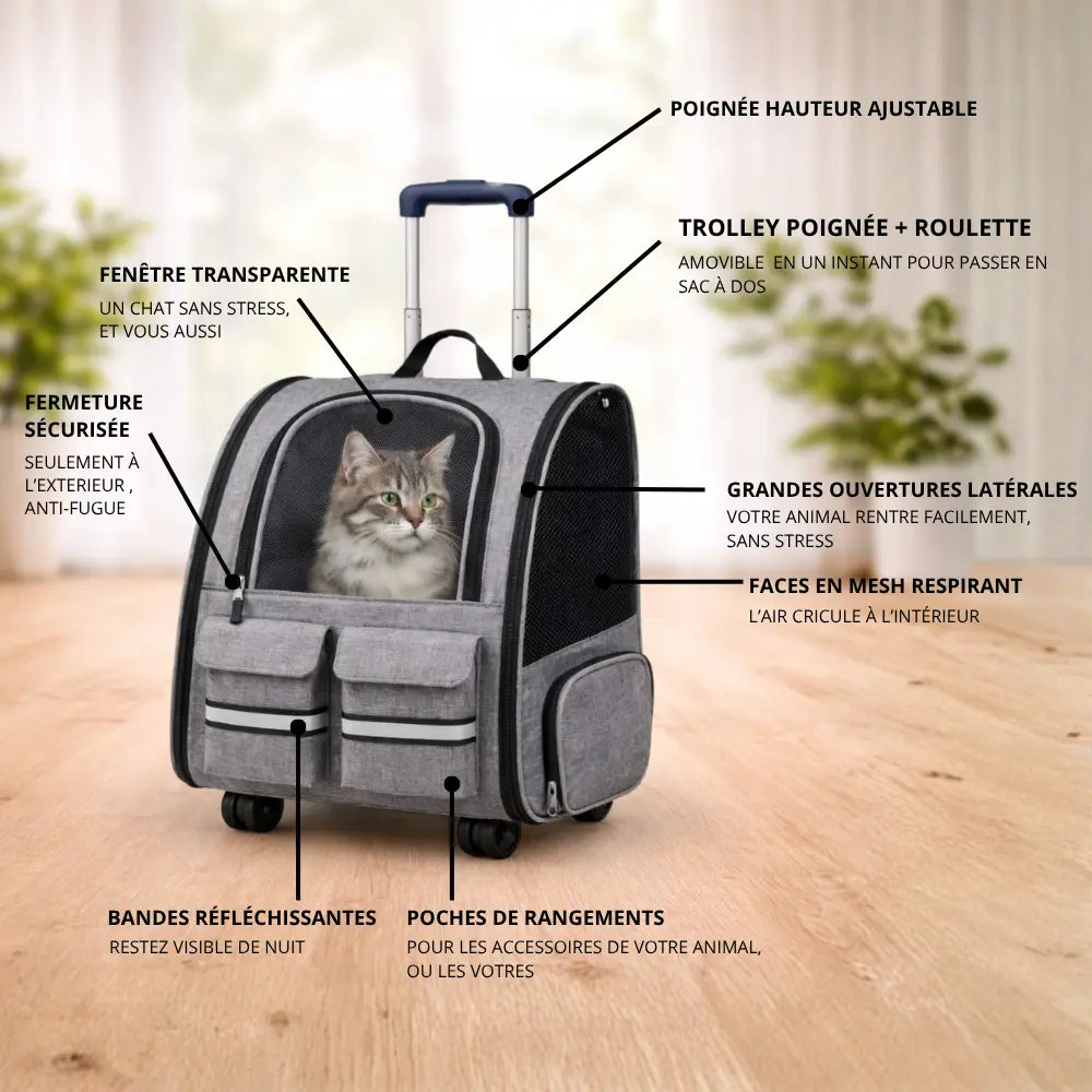 Sac de Transport pour Chat et Chien | Sac à Dos + Roulettes | Premium, Ventilé, Compatible Cabine Avion