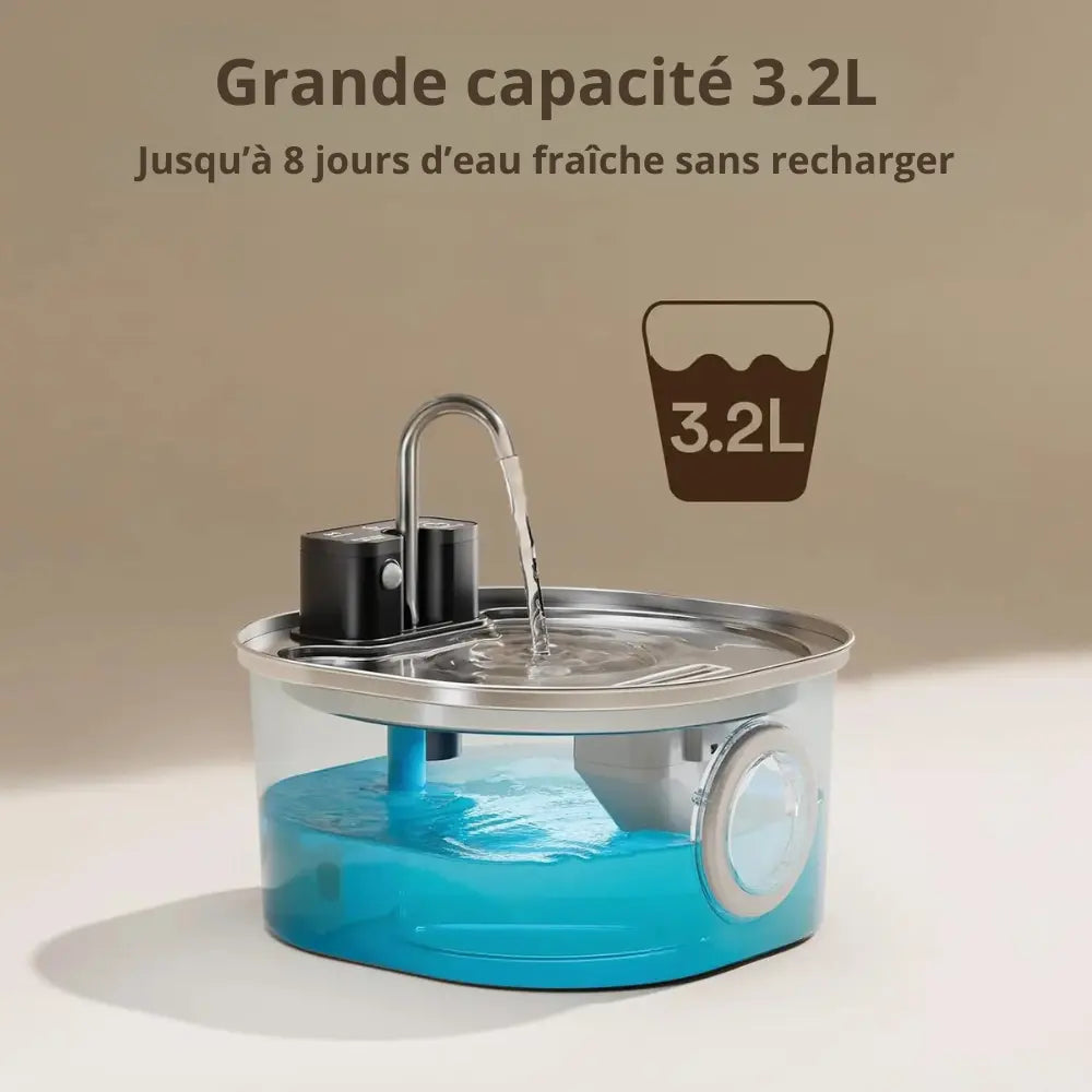 Fontaine à Eau pour Chat Sans Fil – Inox, 3,2L, Détection Intelligente, Hydratation Optimale
