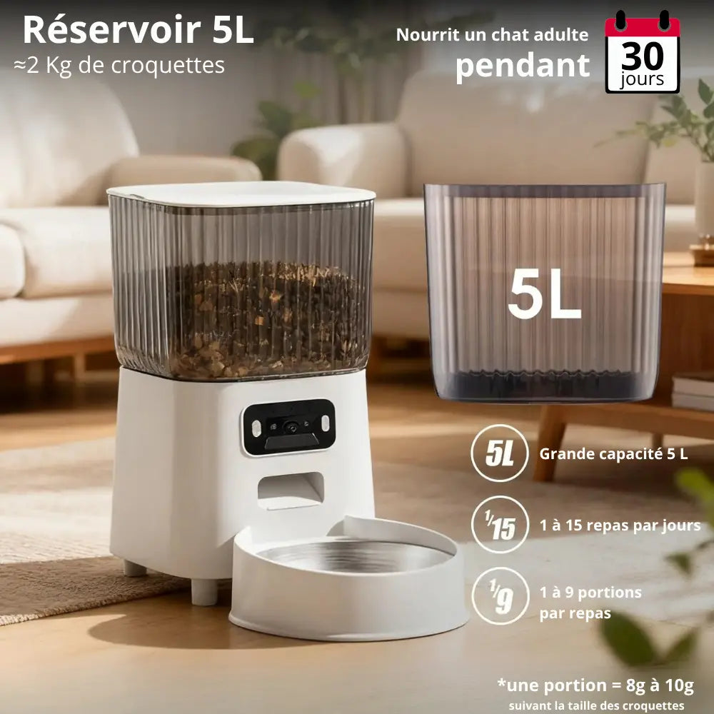 Distributeur de Croquettes pour Chat | Automatique et Connecté avec Caméra — Réservoir 5L, Programmable, Acier Inoxydable