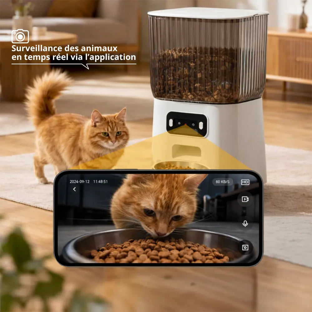 Distributeur de Croquettes pour Chat | Automatique et Connecté avec Caméra — Réservoir 5L, Programmable, Acier Inoxydable