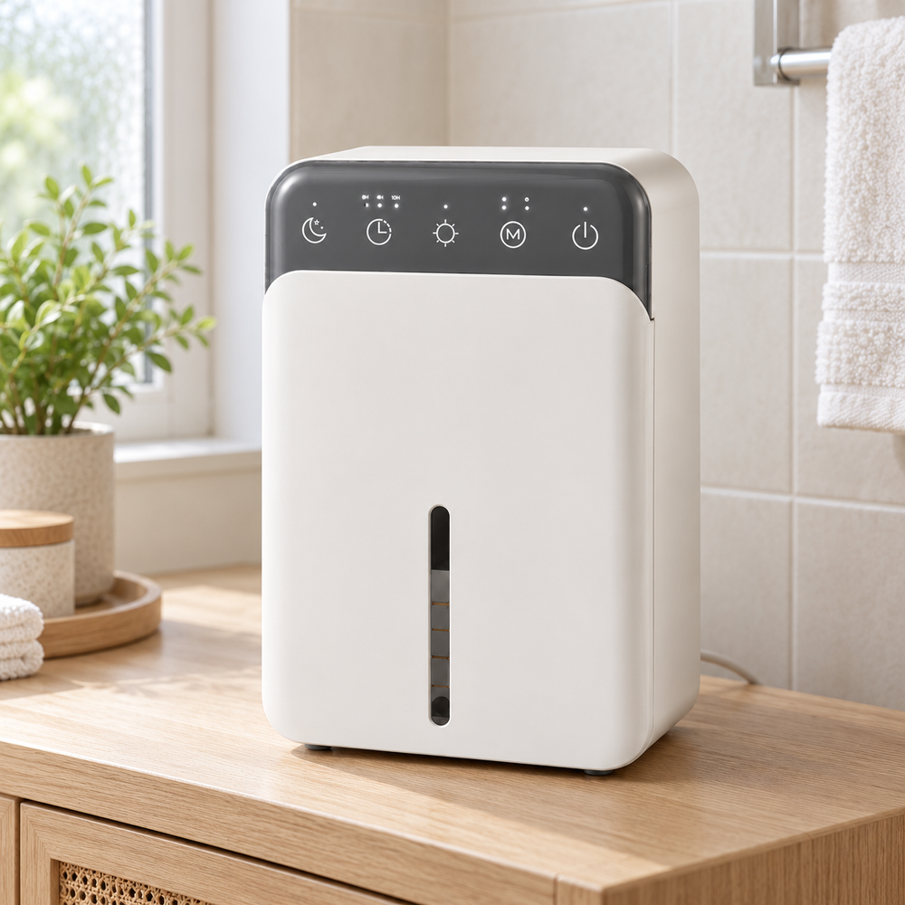 Déshumidificateur compact 1,5 L sur un meuble dans une salle de bain