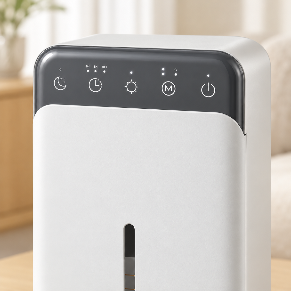 Gros plan des cinq commandes tactiles du déshumidificateur compact 1,5 L