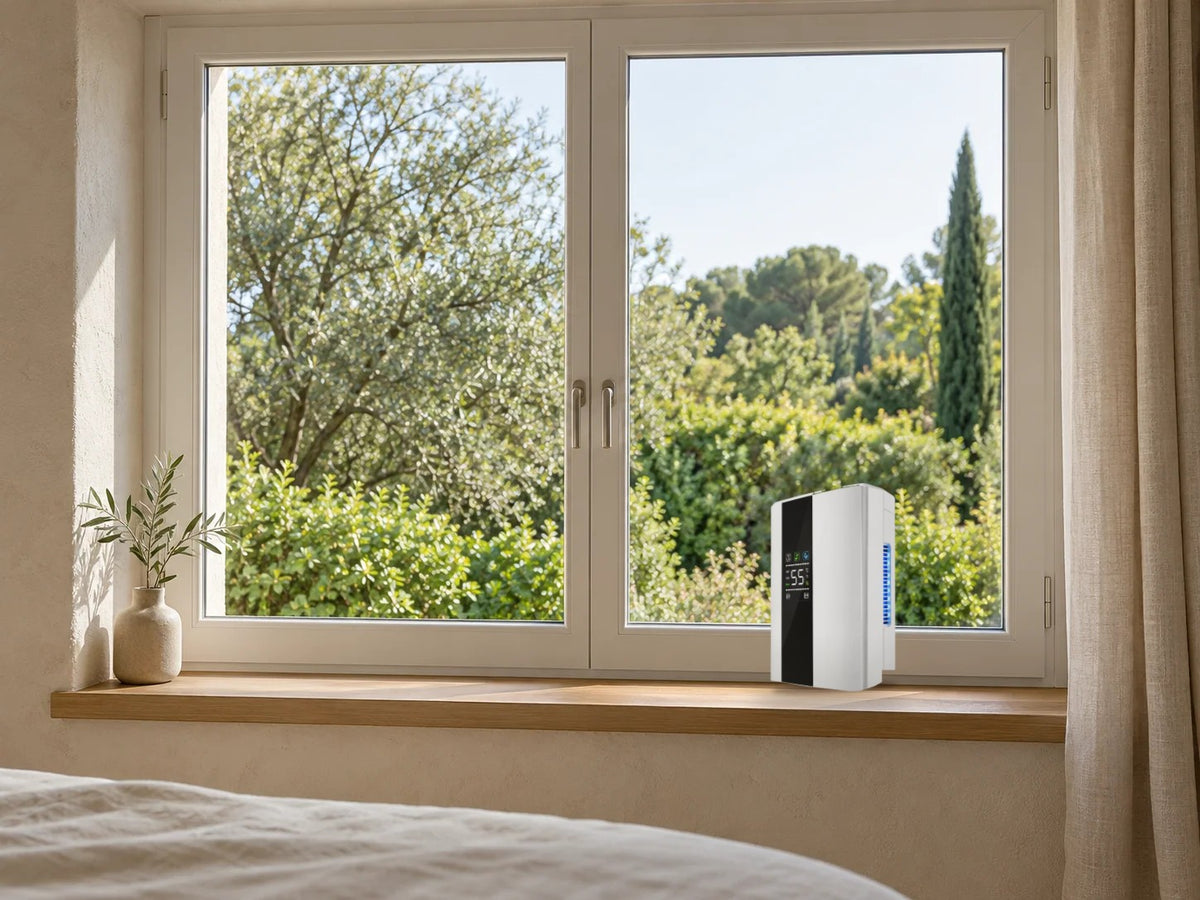 Chambre à l'air sain avec le déshumidificateur 2-en-1 Felysia posé sur le rebord de fenêtre