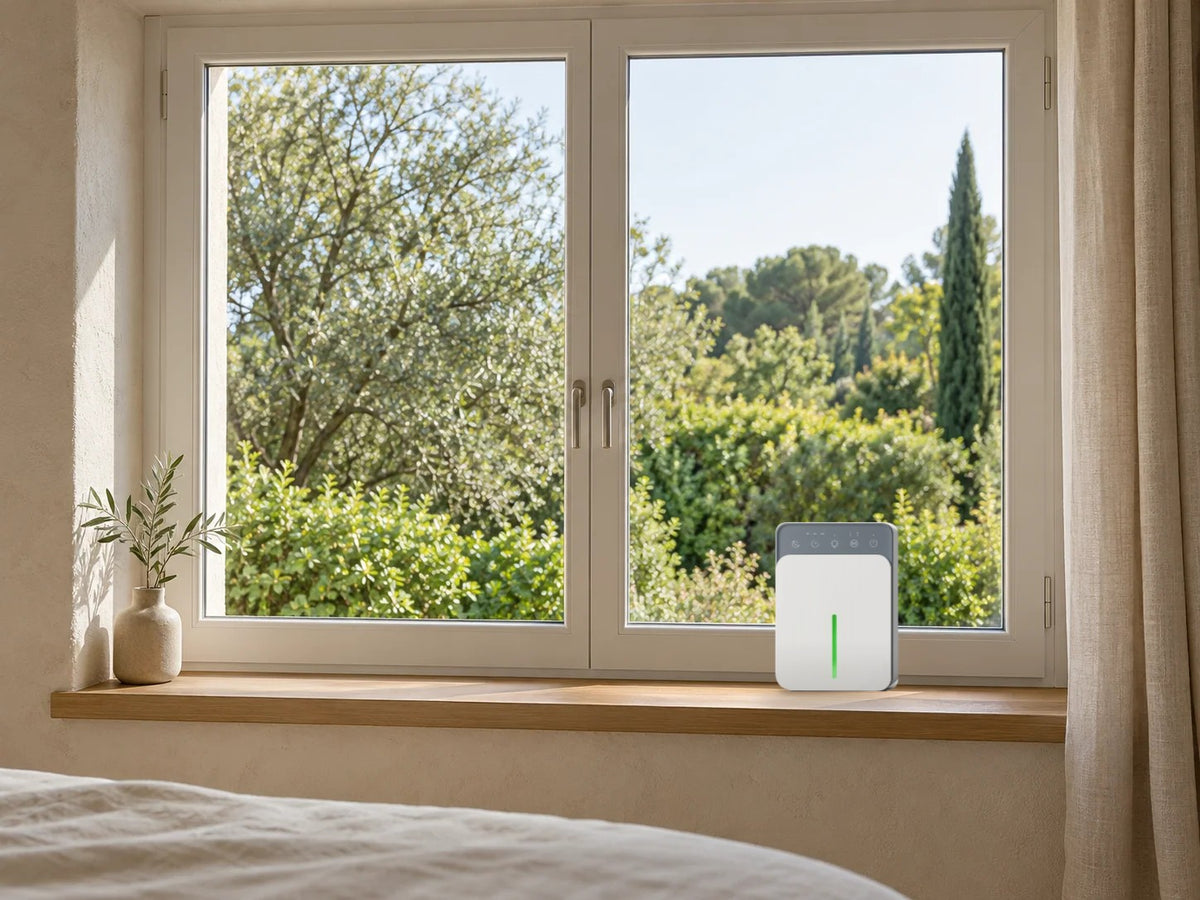 Chambre à l'air sain avec le déshumidificateur compact Felysia posé sur le rebord de fenêtre