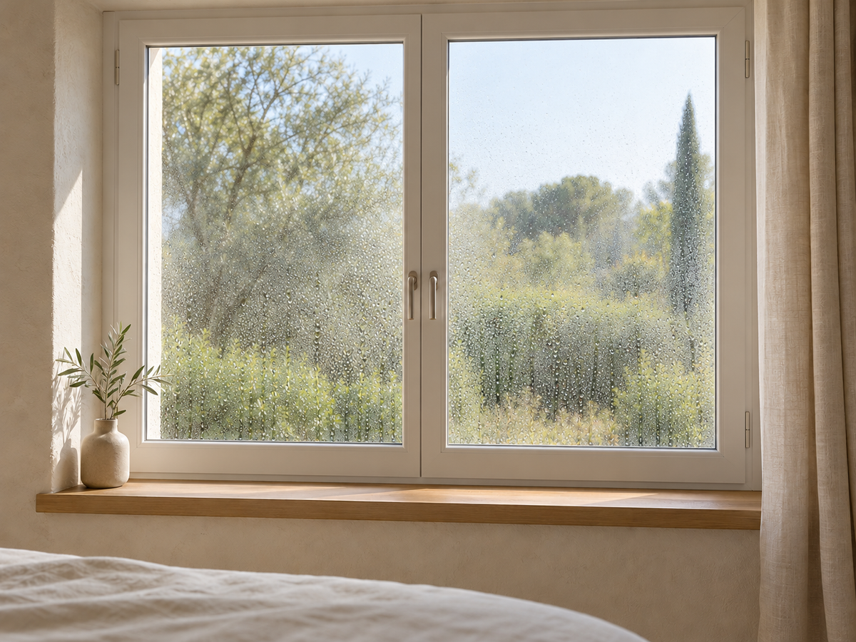 Illustration de la même fenêtre avec de la condensation sur les vitres