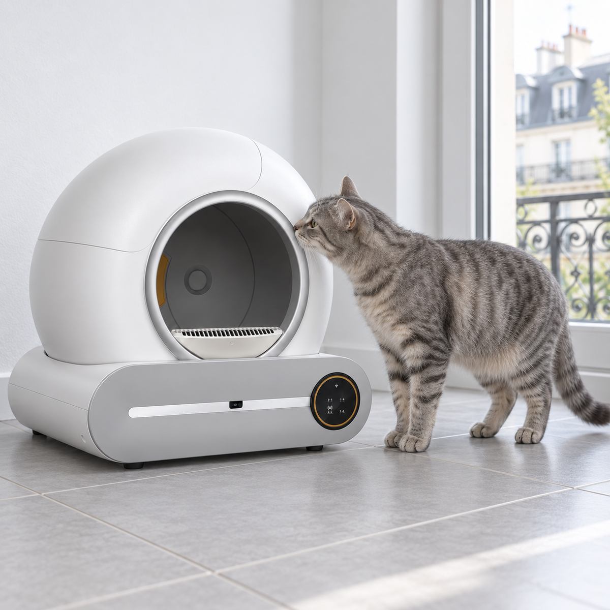 Chat gris découvrant l’entrée de la litière autonettoyante Felysia 65 L