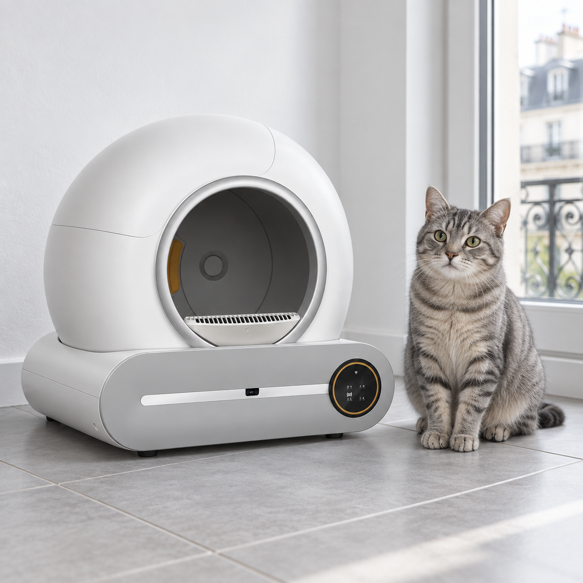 Litière connectée Felysia 65 L avec un chat gris dans un intérieur lumineux