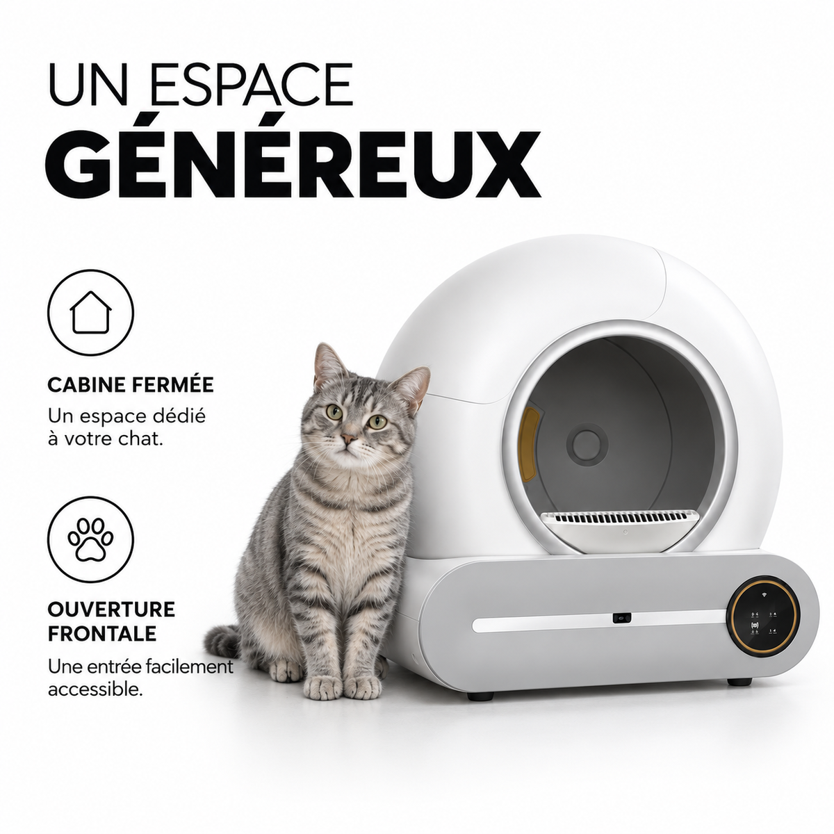 Litière Felysia 65 L — cabine fermée et ouverture frontale, avec un chat gris