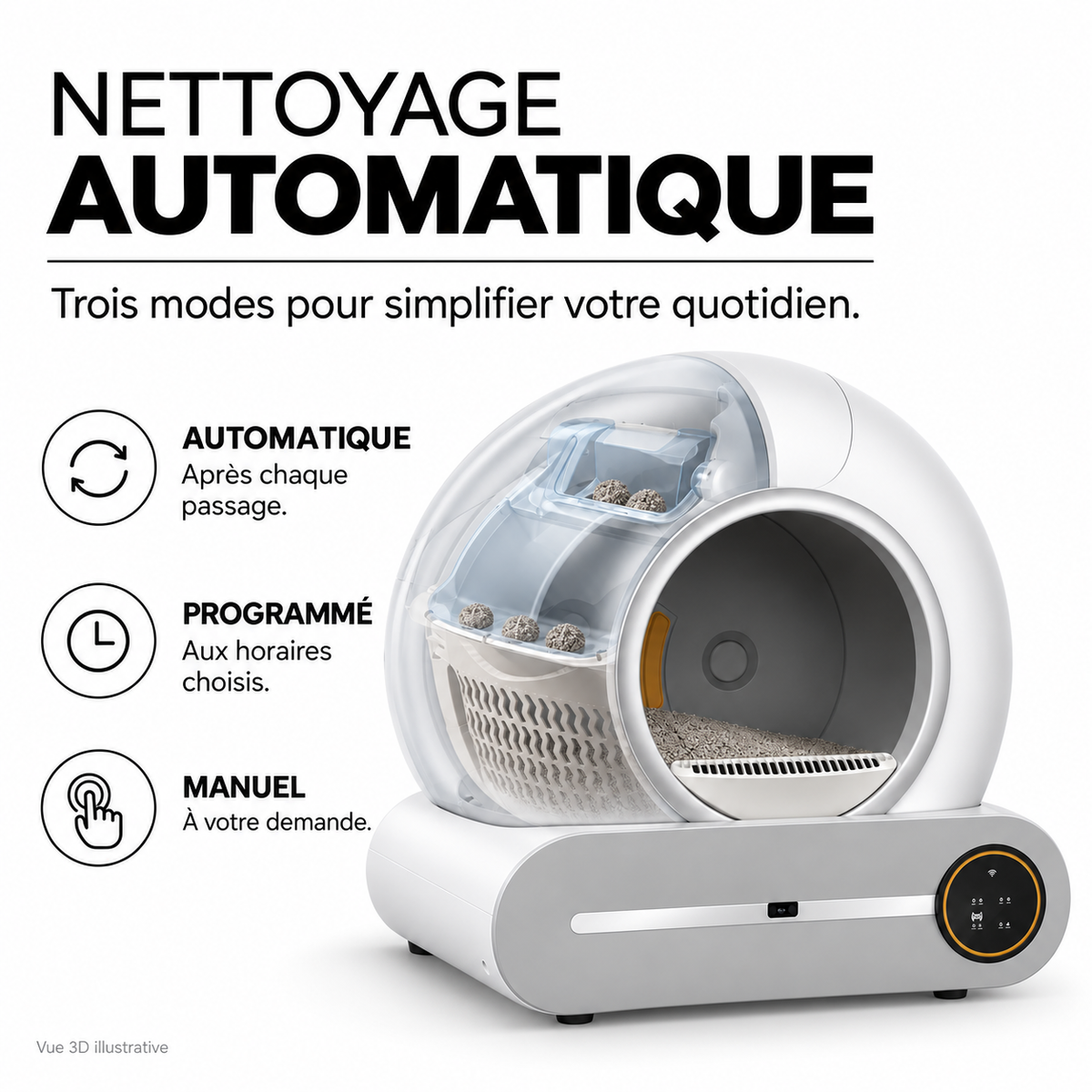 Litière Felysia 65 L — trois modes de nettoyage avec vue 3D illustrative de l’intérieur
