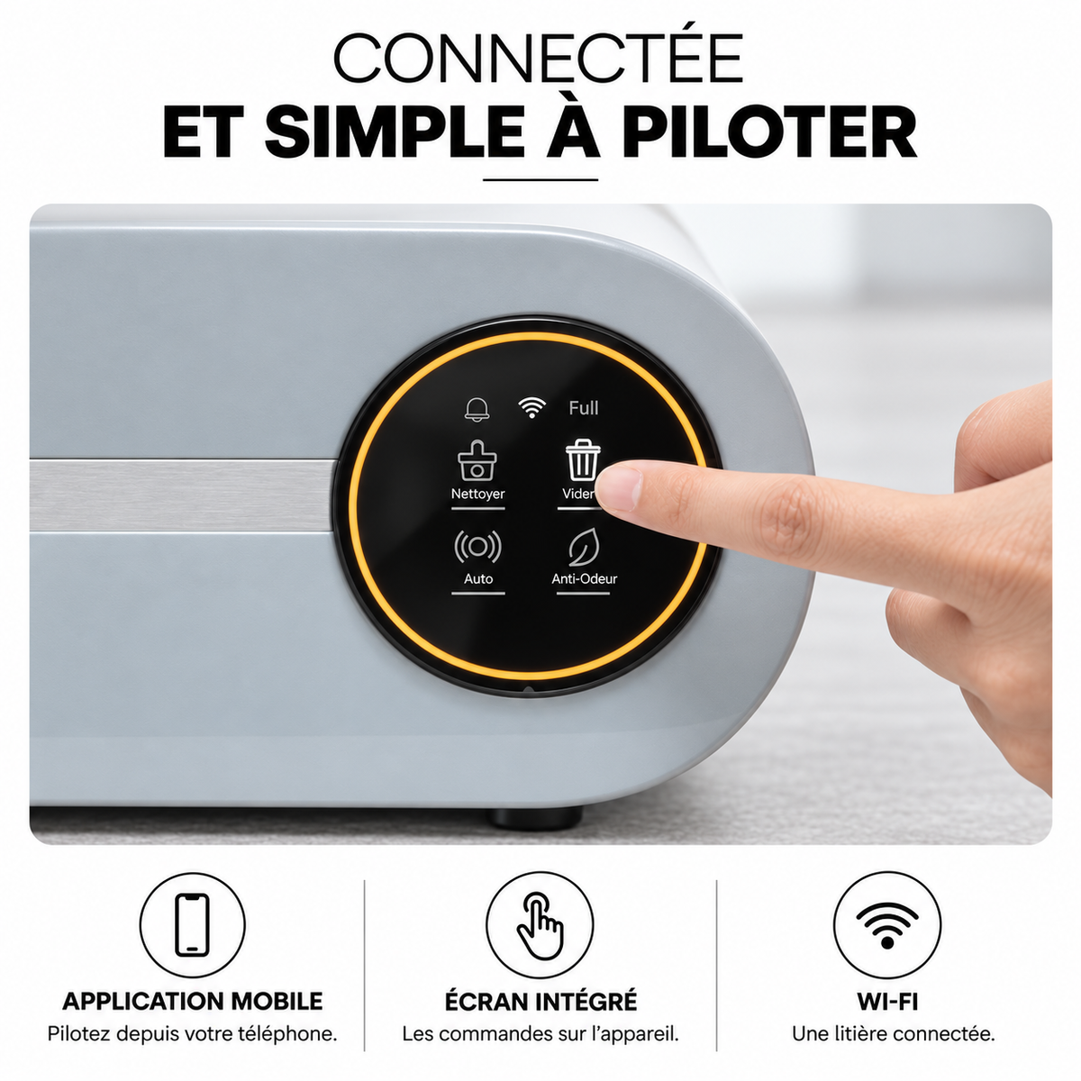 Litière Felysia 65 L — commandes tactiles, application mobile et Wi-Fi