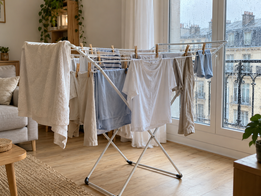 Linge qui sèche sur un étendoir dans un intérieur