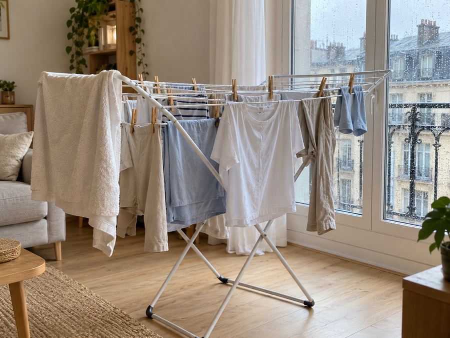 Linge qui sèche sur un étendoir dans un intérieur
