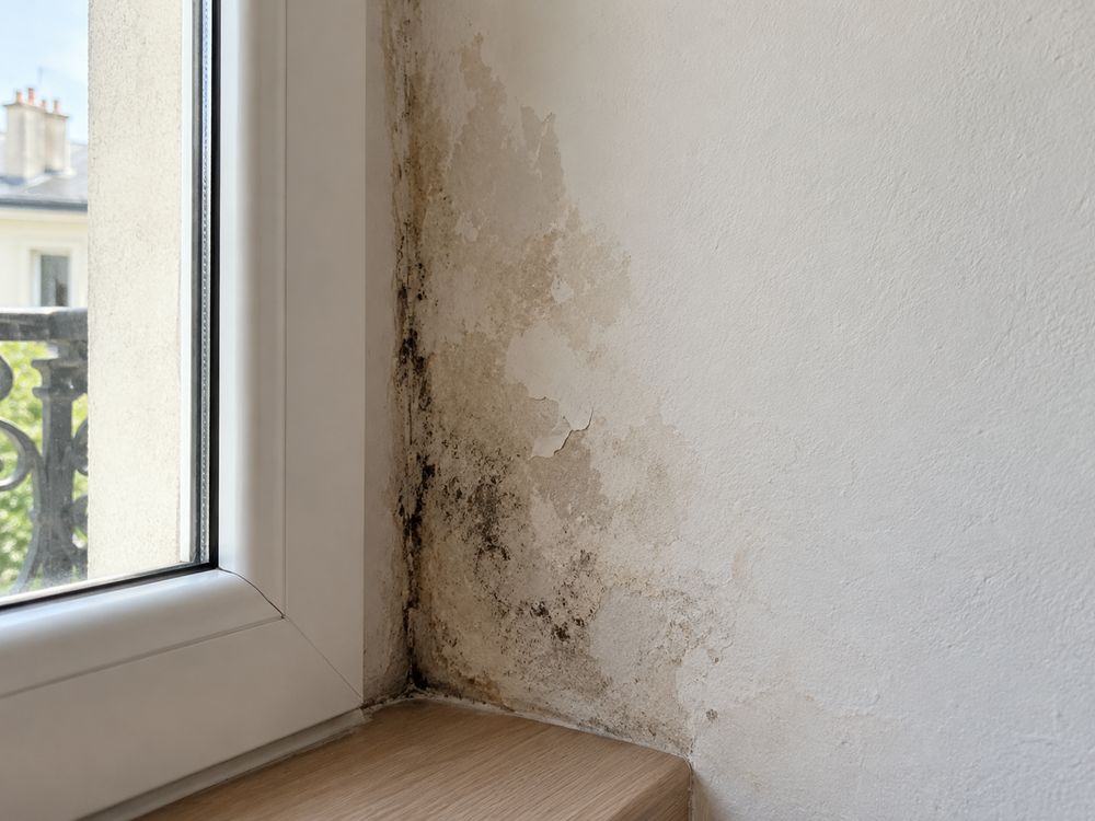 Traces d’humidité dans un angle de mur près d’une fenêtre