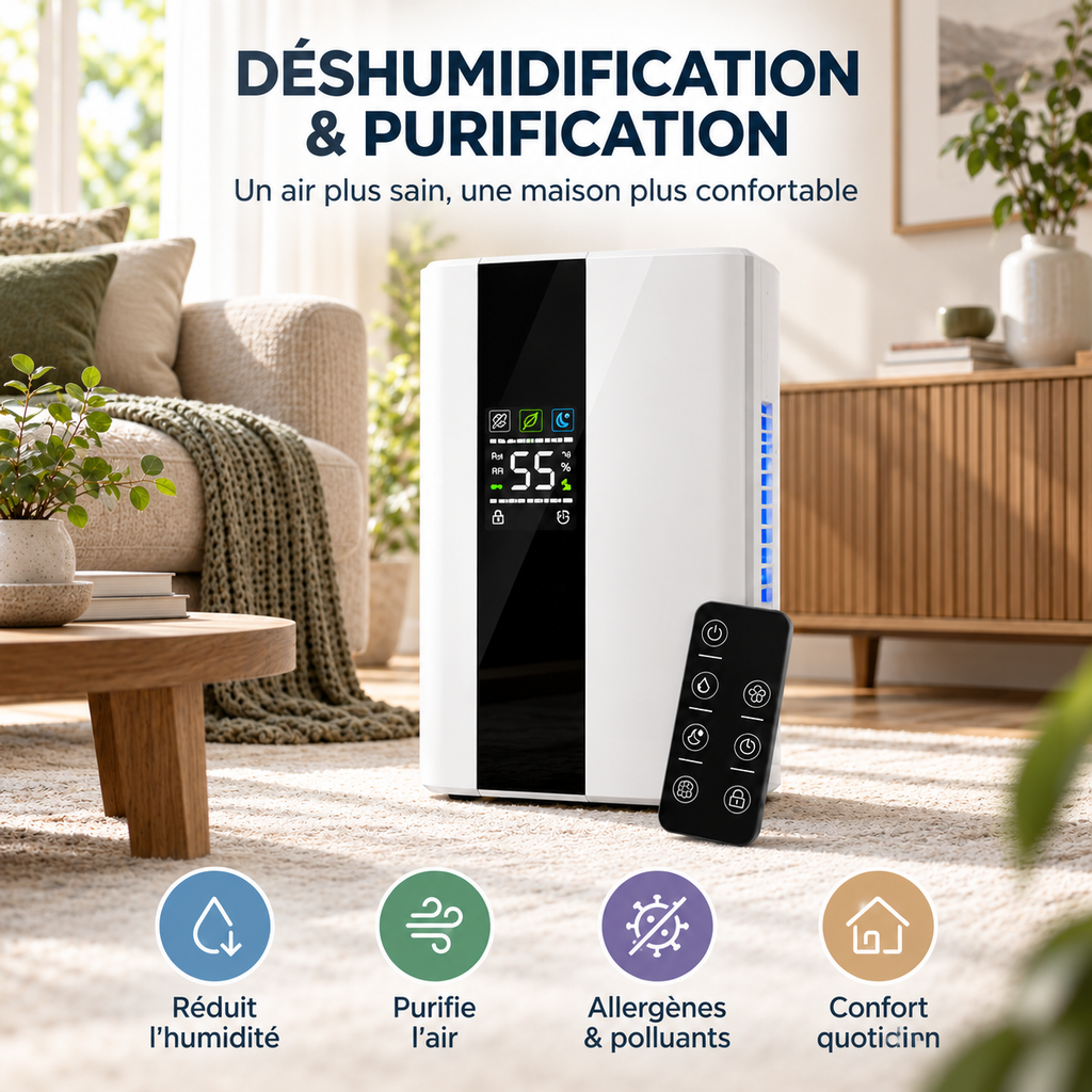 Déshumidificateur Intelligent 2-en-1 Purificateur HEPA - Silencieux & Programmable