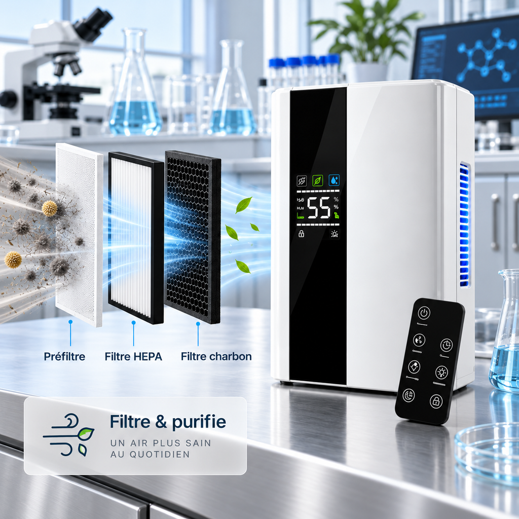 Déshumidificateur Intelligent 2-en-1 Purificateur HEPA - Silencieux & Programmable