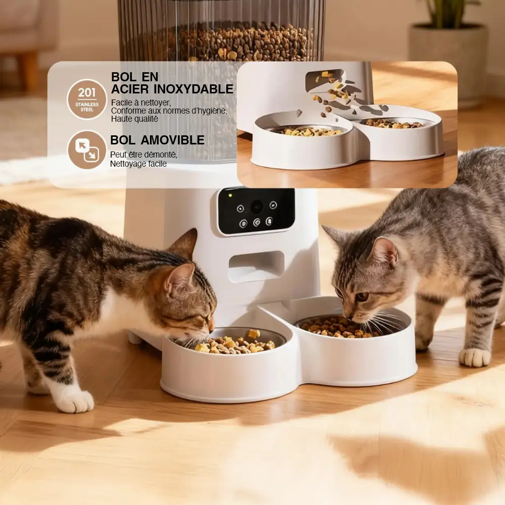 Distributeur de Croquettes pour Chat | Automatique et Connecté avec Caméra — Réservoir 5L, Programmable, Acier Inoxydable